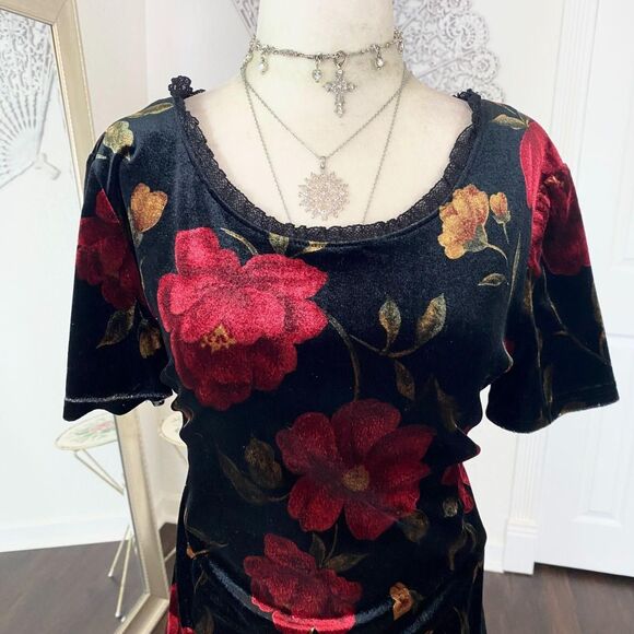 Black Red Gold Flower Ethereal Whimsygoth Floral Velvet Midi Dress M / L - Picture 3 of 5
